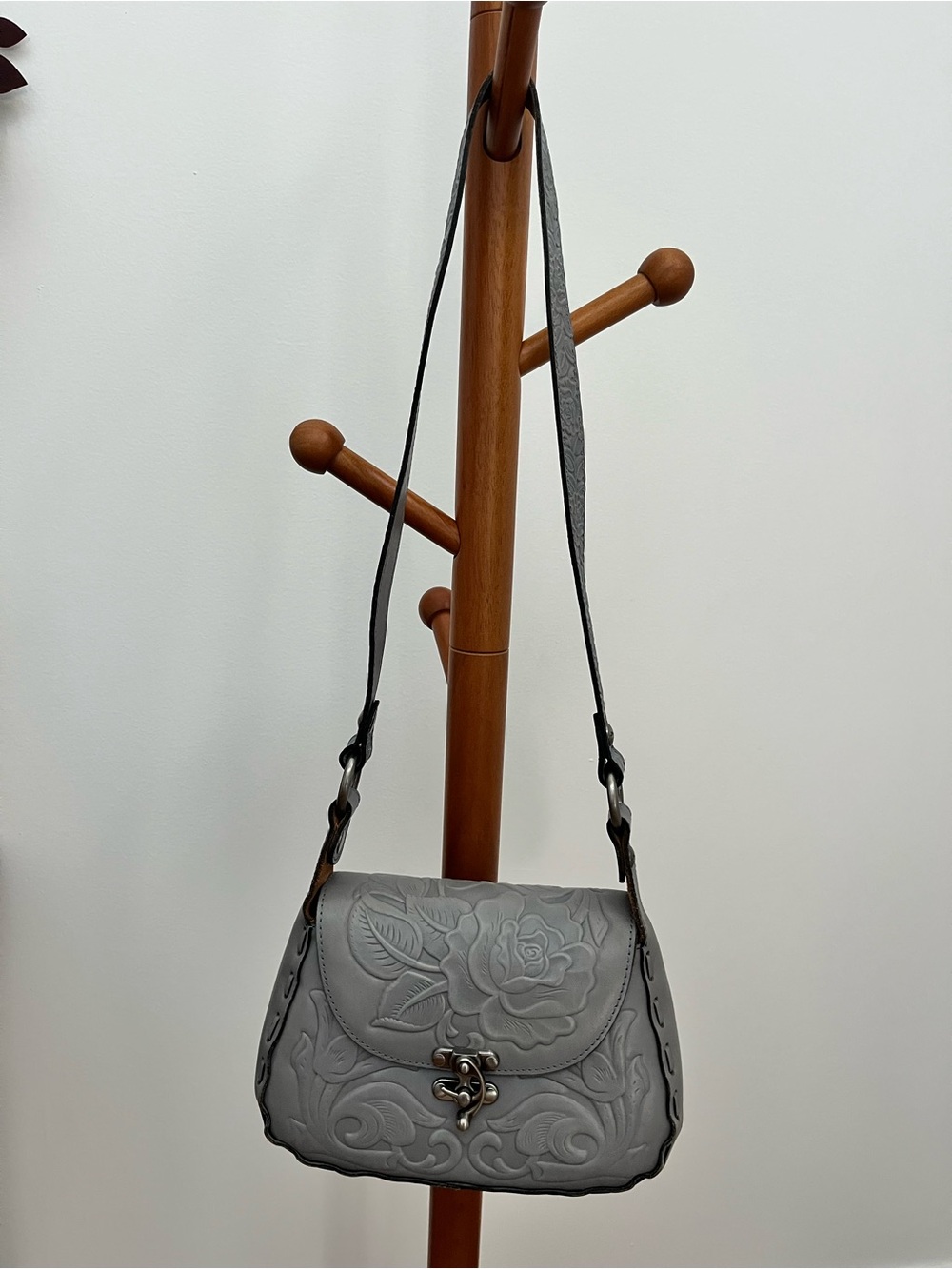 Patricia Nash Gray Floral Tooled Leather Crossbody